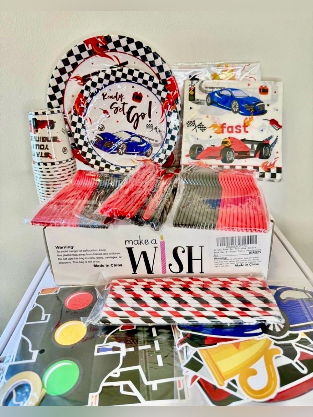 Race Car Birthday Party Decorations for 24 people: Includes: cups, tablecloths,